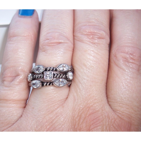 STAINLESS STEEL Bezel Set Cubic Zirconia Stackable Rings-Set Of 3 - Picture 4 of 13